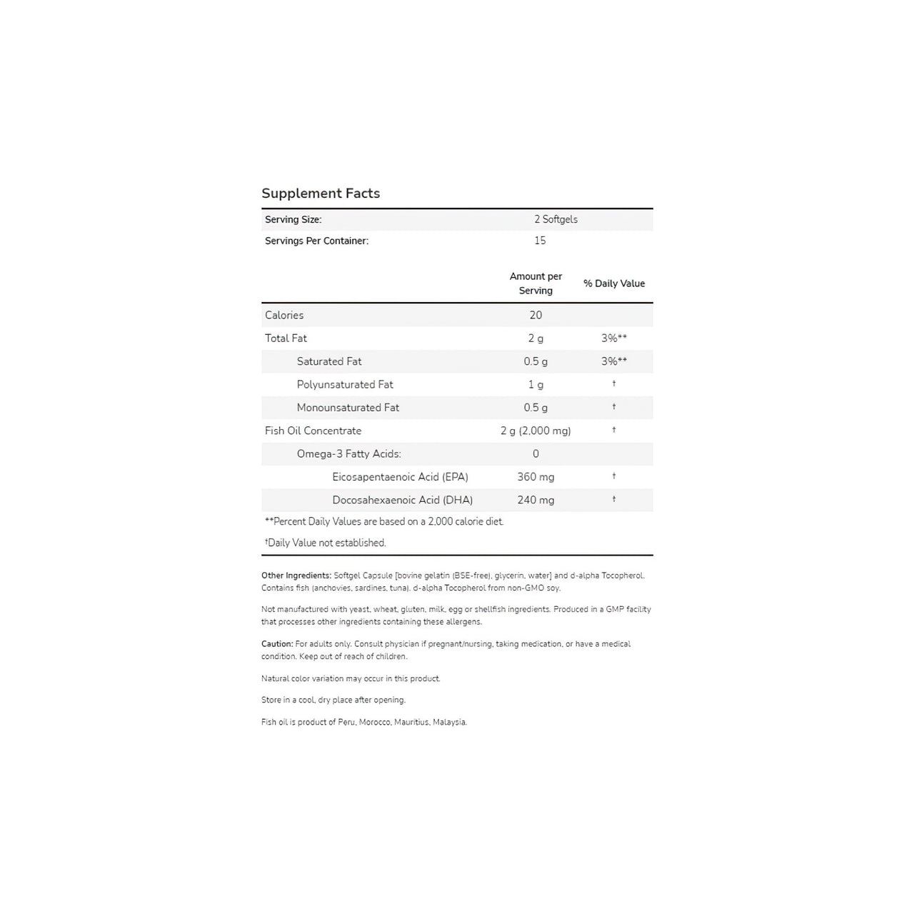 Eine Tabelle mit den Inhaltsstoffen von Now Foods Omega-3 180 EPA/120 DHA 30 softgel, die die wichtigsten SEO-Keywords hervorhebt: Omega-3 und Fischöl. Die Tabelle steht auf einem sauberen weißen Hintergrund, der eine leicht lesbare Präsentation ermöglicht.