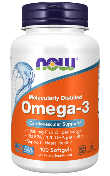 Now Foods Omega-3 180 EPA/120 DHA 100 softgel, molecularly distilled for heart disease.