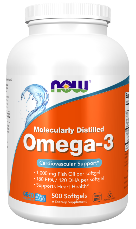 Now Foods Omega-3 180 EPA/120 DHA 500 softgel supports heart health.