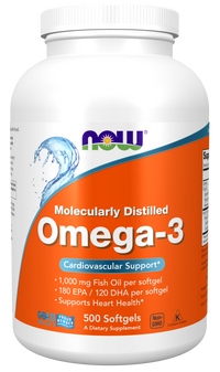 Thumbnail for Now Foods Omega-3 180 EPA/120 DHA 500 softgel supports heart health.