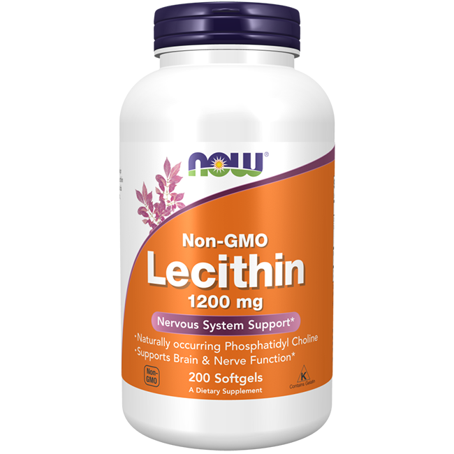 A bottle of Now Foods Lecithin 1200 mg, containing 200 softgels, is a Non-GMO dietary supplement rich in phospholipids to support brain health.