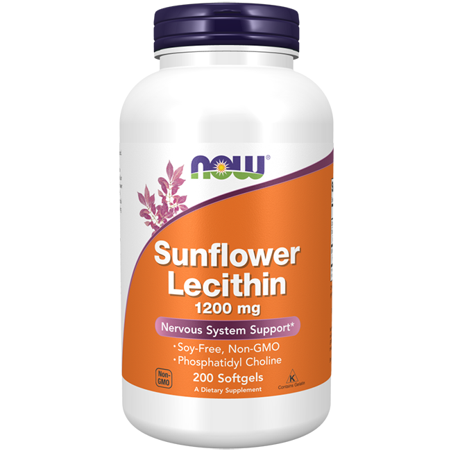 A bottle of Sunflower Lecithin 1200 mg by Now Foods, consisting of 200 softgels, is described as soy-free and non-GMO, offering nervous system support and enhanced cognitive abilities through its phosphatidylcholine content.