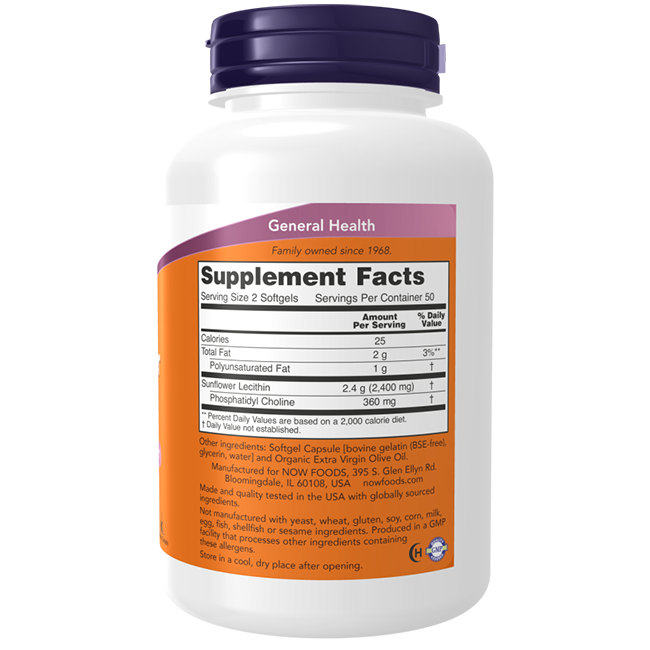 A bottle of Now Foods Sunflower Lecithin 1200 mg 200 Softgels, highlighting a label that includes supplement facts and ingredients such as Sunflower Lecithin rich in phosphatidylcholine, along with a GMP certification logo.