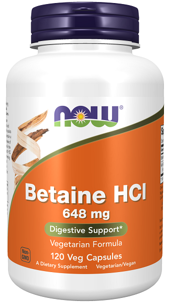 Now Foods Betain HCI ist ein Nahrungsergänzungsmittel in Form von 648 mg Vegikapseln.