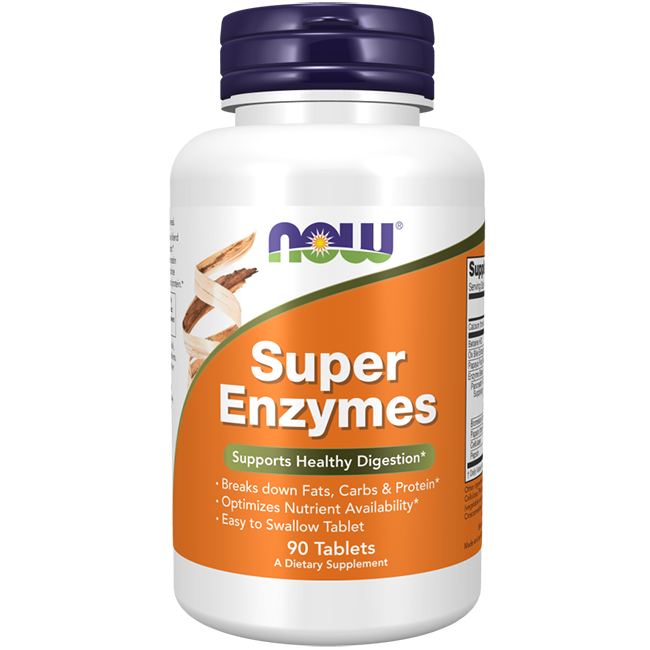 A bottle of Now Foods Super Enzymes 90 Tablets dietary supplement provides digestive support, aiming to optimize nutrient availability and promote healthy digestion.