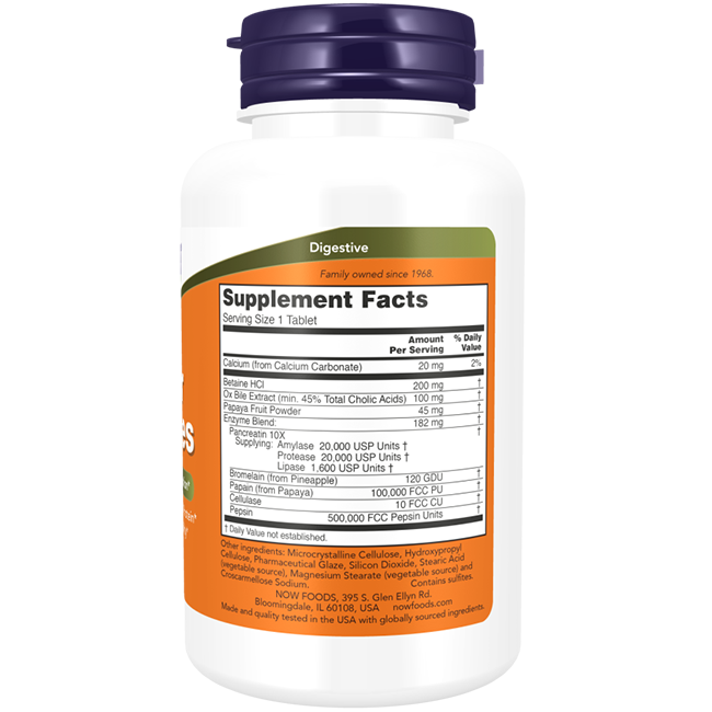 A white bottle with a purple cap features the label "Super Enzymes 90 Tablets" by Now Foods. The reverse side provides the supplement facts and ingredient list for this digestive support dietary supplement.