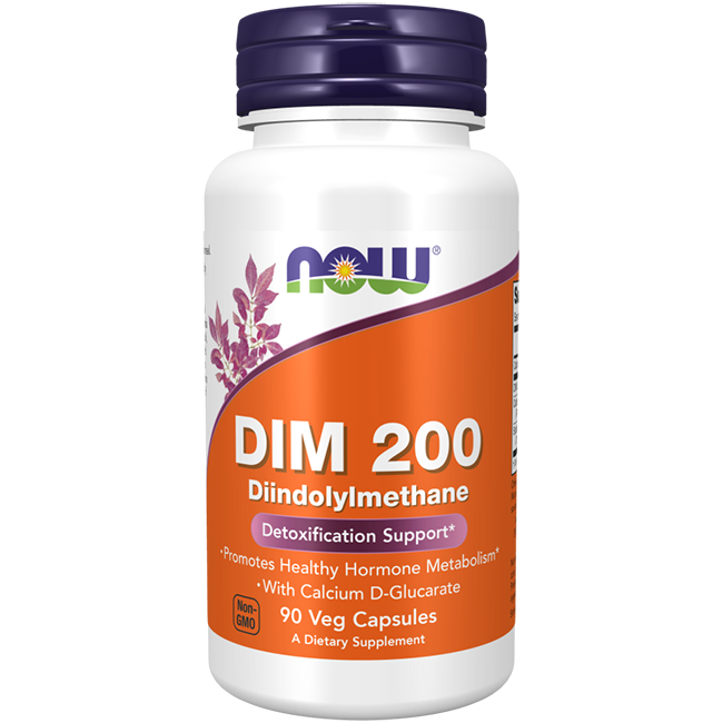 The NOW Foods DIM 200 mg provides 90 vegetarian capsules that support detoxification and hormone metabolism with its blend of DIM and Calcium D-Glucarate in a non-GMO formula.