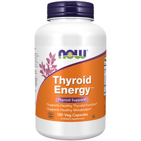 Thumbnail for A bottle of Thyroid Energy 180 Veg Capsules by Now Foods, designed for optimal thyroid health and metabolism support, features vibrant purple and orange branding. Contains 180 vegetarian capsules.