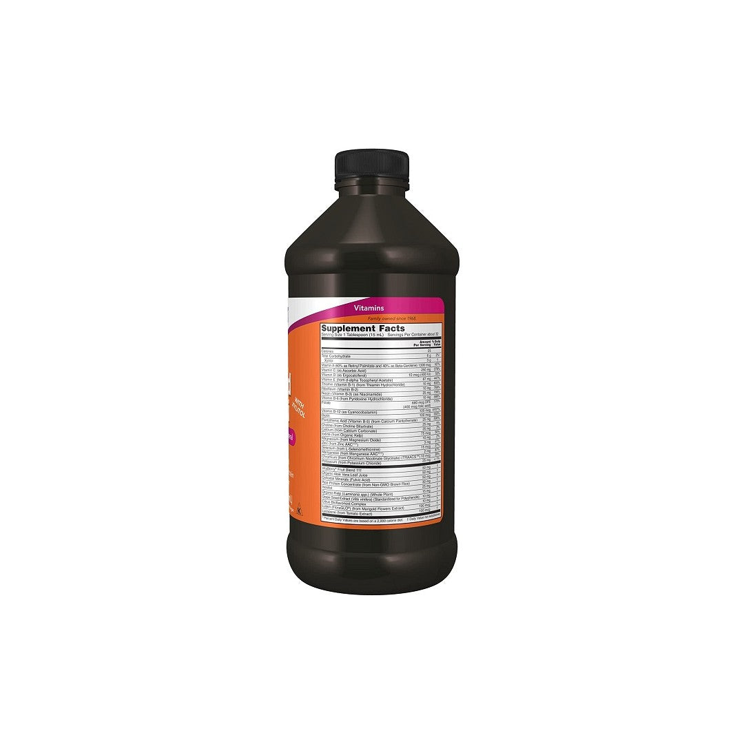 Eine Flasche Now Foods Liquid Multivitamins & Minerals Tropical Orange Flavor 473 ml auf einem weißen Hintergrund.