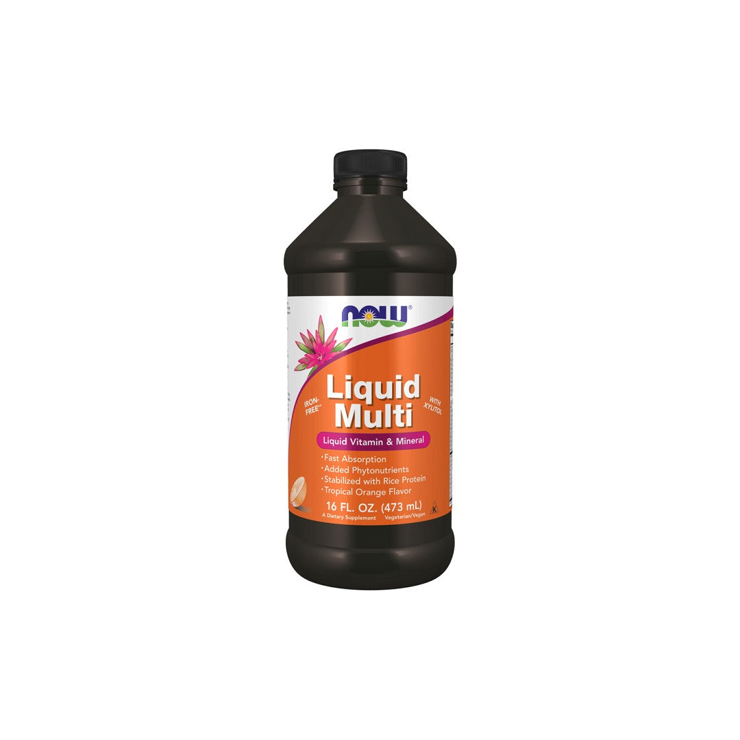 Eine Flasche Liquid Multivitamins & Minerals Tropical Orange Flavor 473 ml von Now Foods auf einem weißen Hintergrund.