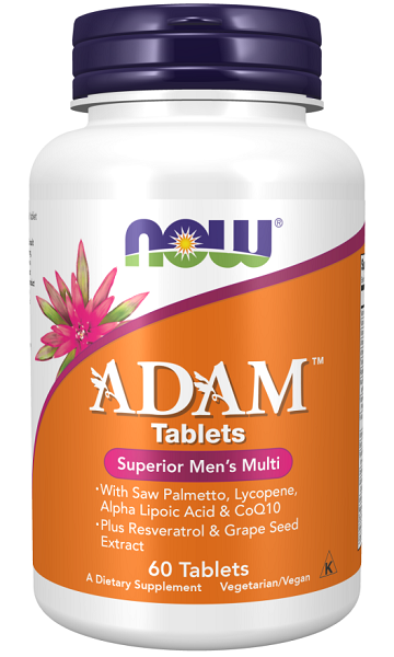 Eine Flasche ADAM Multivitamins & Minerals for Man 60 vege Tabletten von Now Foods.