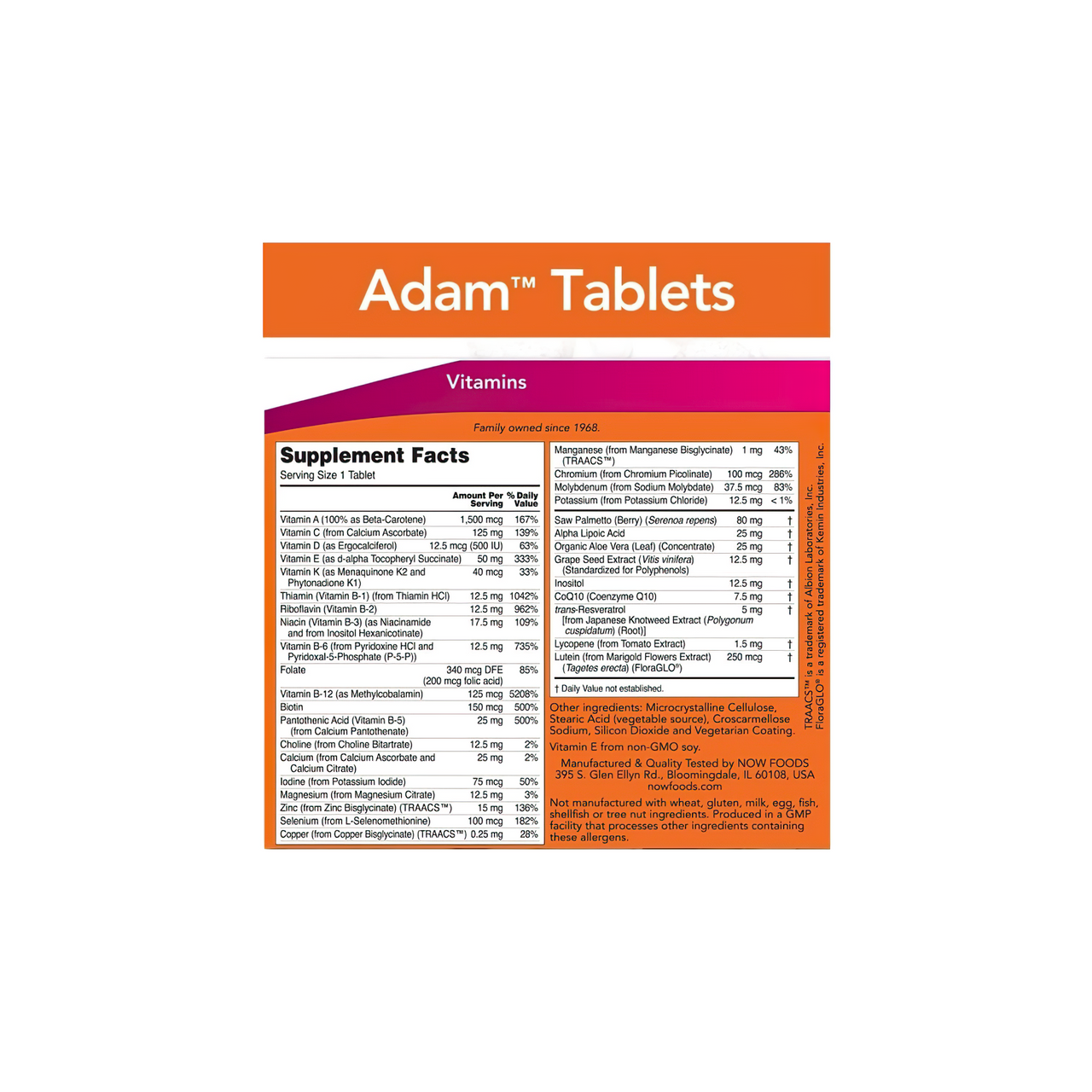 Now Foods ADAM Multivitamins & Minerals for Man 60 vegetarische Tabletten auf weißem Hintergrund.