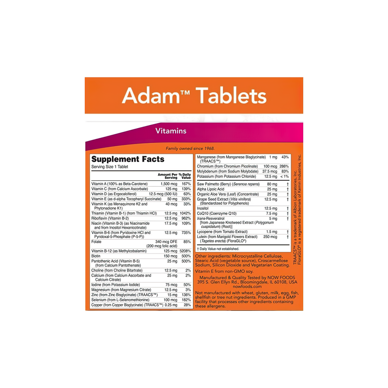 Now Foods ADAM Multivitamins & Minerals for Man 120 vegetarische Tabletten mit einem Etikett auf der Vorderseite.