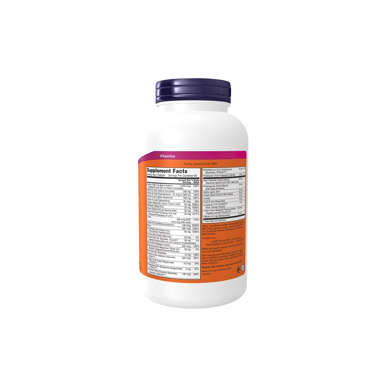 Eine Flasche Now Foods ADAM Multivitamins & Minerals for Man 180 sgel auf einem weißen Hintergrund.