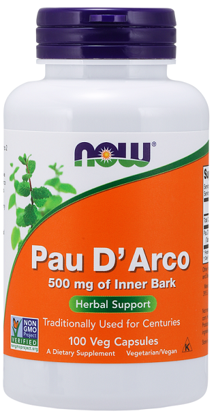 Now Foods Pau D'Arco 500 mg Kapseln, jetzt erhältlich in einer Packung mit 100 Veggie-Kapseln.