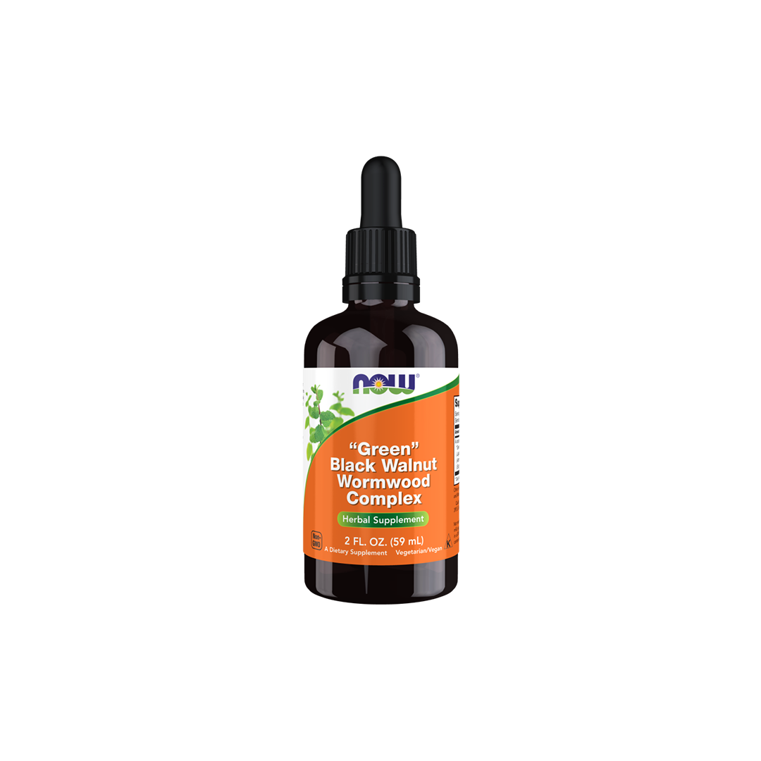 A 2 fl oz (59 ml) bottle of Now Foods Green Black Walnut Wormwood Complex herbal supplement, equipped with a dropper cap and recognized for its digestive health support.