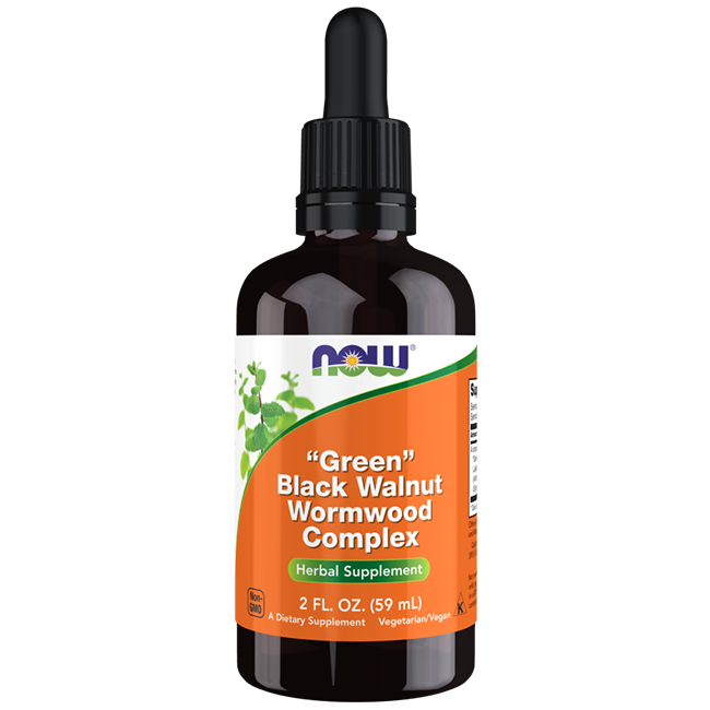 A 2 fl oz bottle of Now Foods' Green Black Walnut Wormwood Complex, a dietary supplement designed for digestive health, comes with a dropper and is labeled as suitable for vegetarians and vegans.