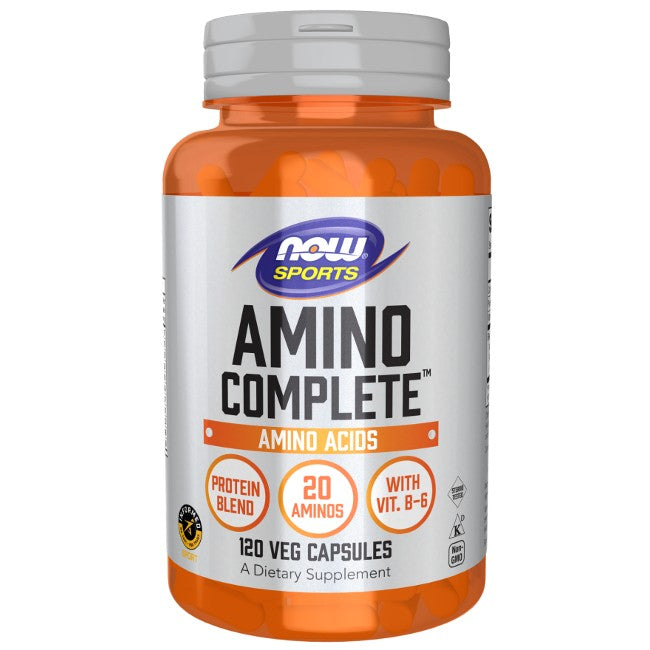 An orange bottle labeled "Now Foods Amino Complete 120 Veg Capsules" with 120 vegetarian capsules, offering muscle support with a blend of amino acids and vitamin B-6.