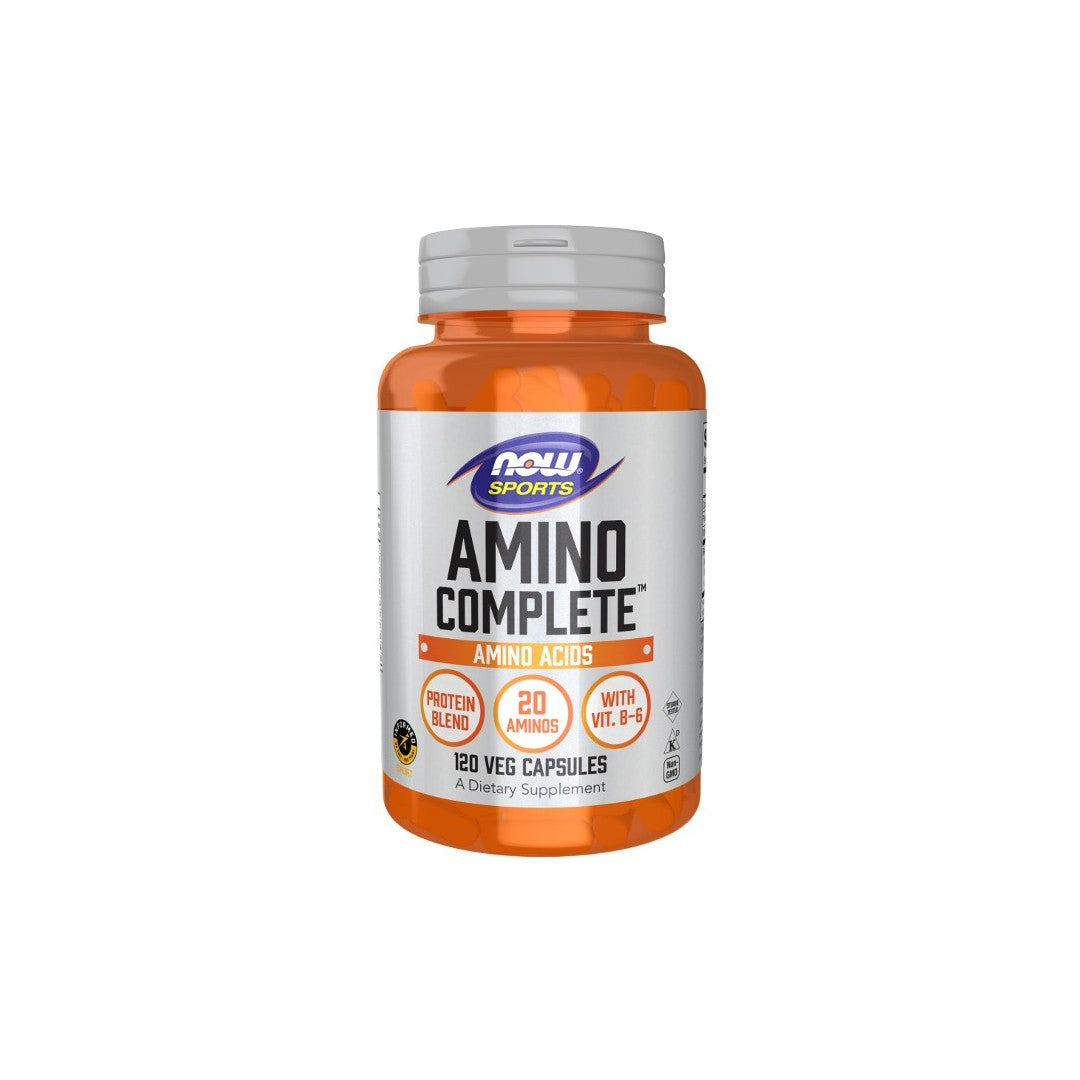 A bottle of Now Foods Amino Complete 120 Veg Capsules dietary supplement, containing 120 vegetable capsules, features a protein blend with 20 amino acids for muscle support and includes Vitamin B-6.