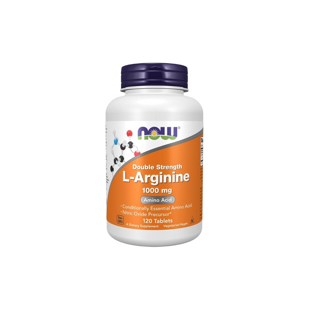 A bottle of Now Foods L-Arginine 1000 mg 120 Tablets supplement, labeled as dietary support with an emphasis on heart and vascular health, promoting nitric oxide production.