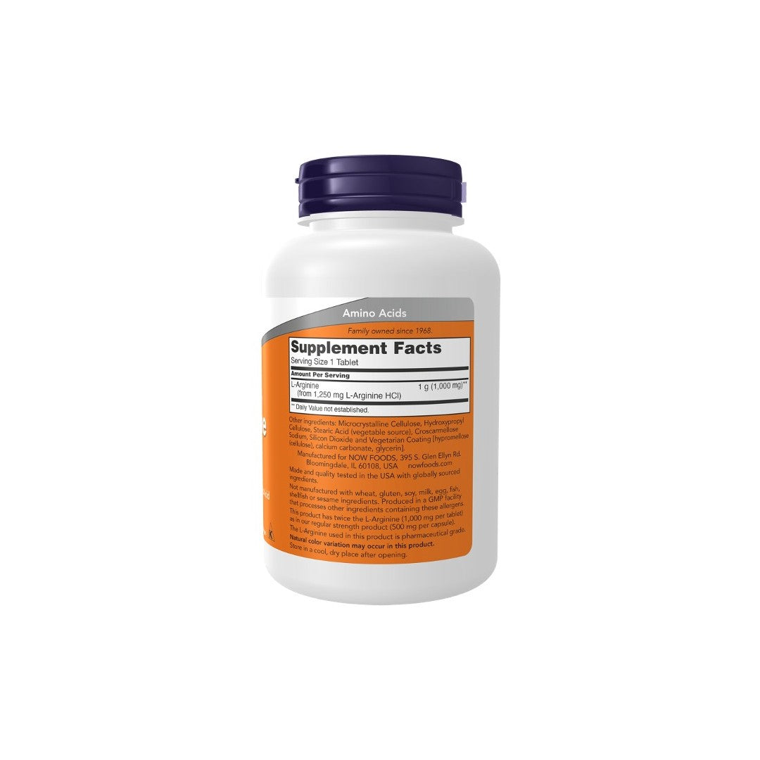 White Now Foods L-Arginine 1000 mg 120 Tablets bottle with orange label displaying nutritional information for L-Arginine and protein production.