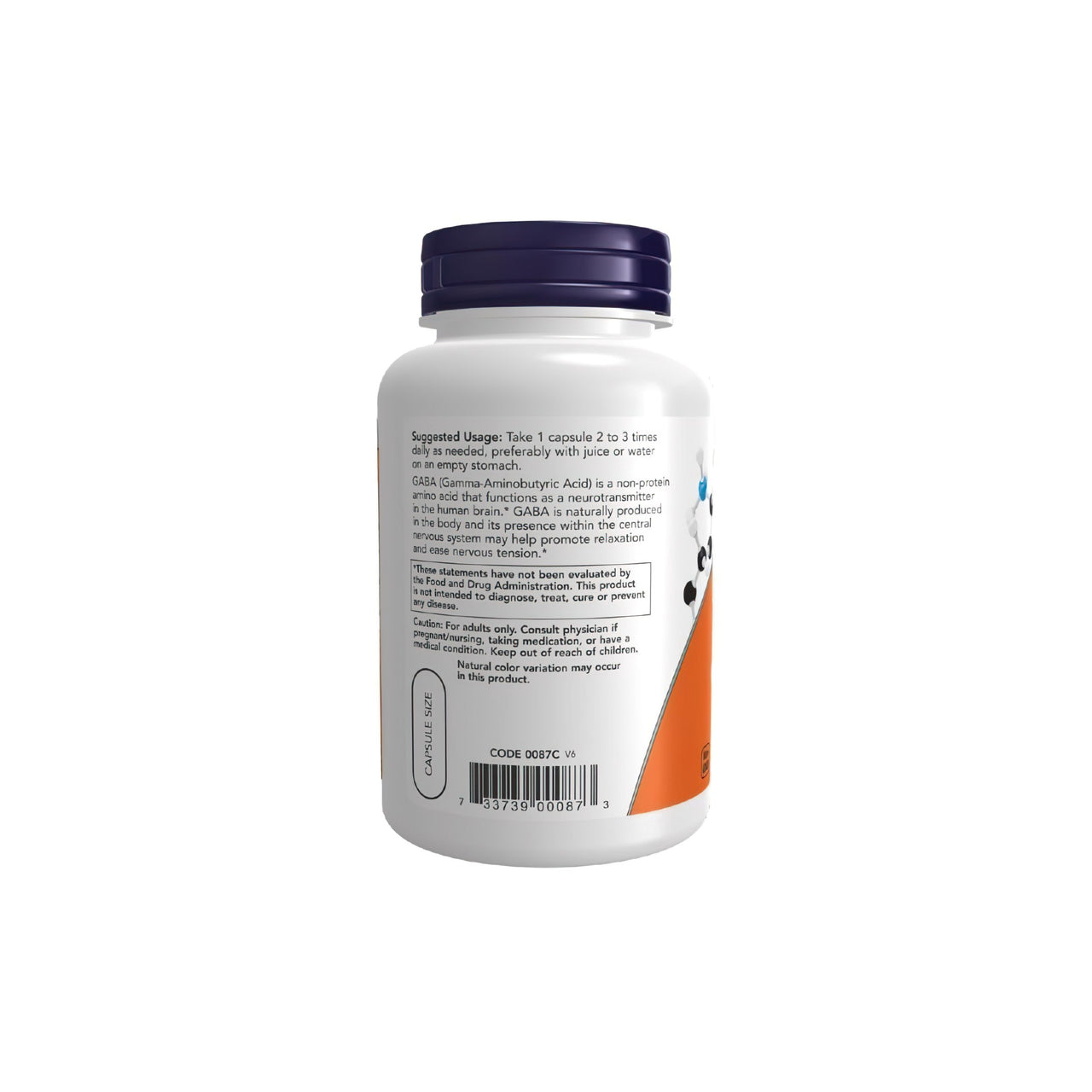 A bottle of Now Foods GABA 500 mg 200 Vegetable Capsules promoting relaxation on a white background.