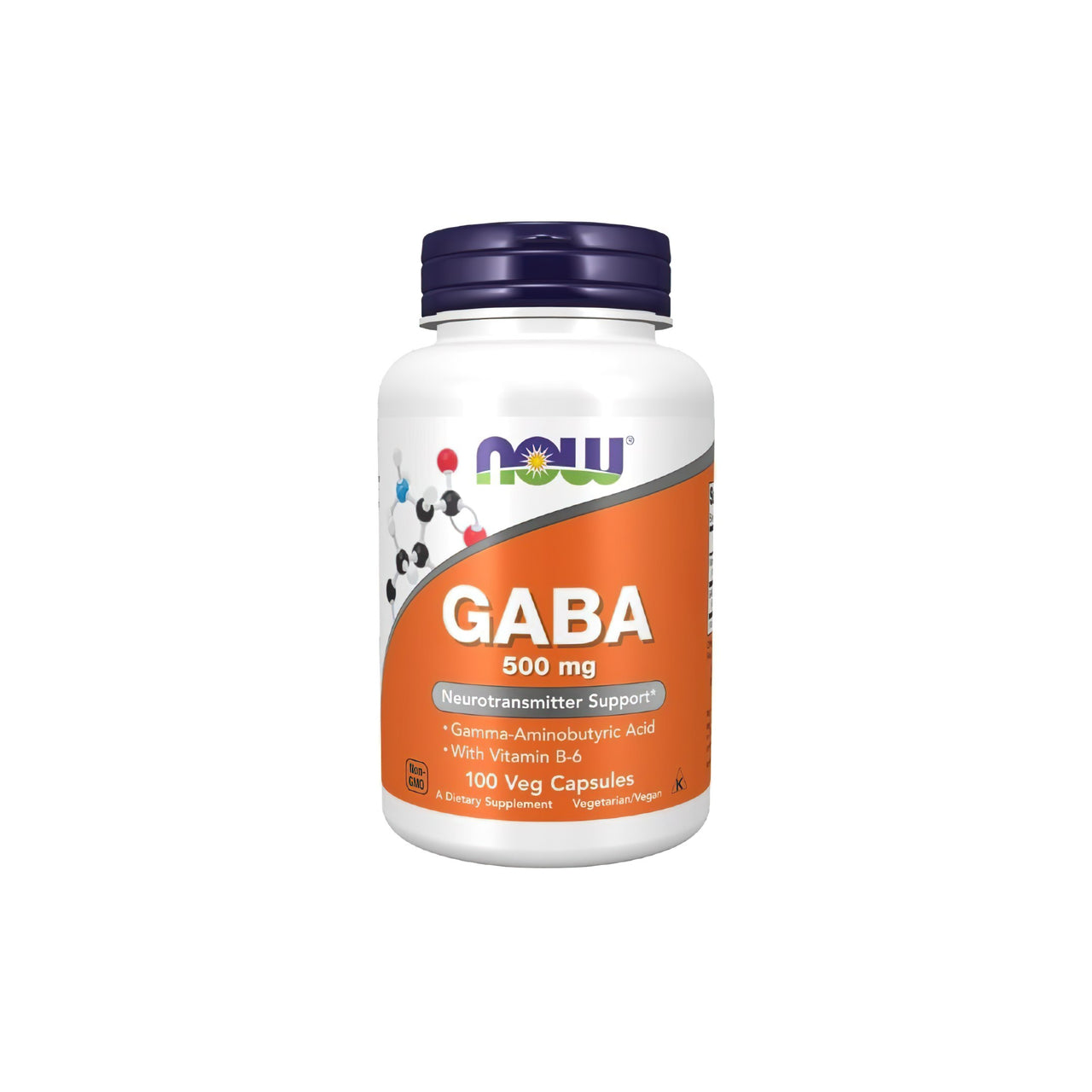 Eine Flasche Now Foods GABA 500 mg 200 pflanzliche Kapseln, die die Entspannung fördern und das Nervensystem unterstützen.