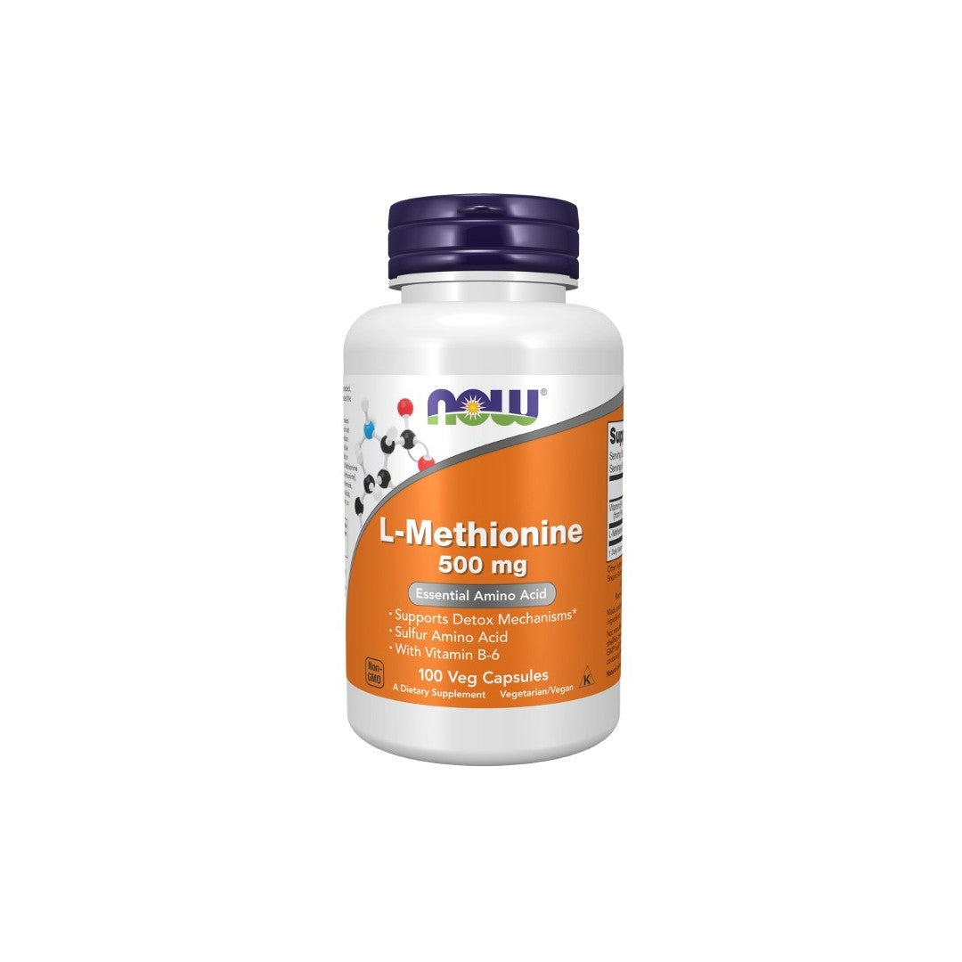 A bottle of **Now Foods L-Methionine 500 mg 100 Veg Capsules** dietary supplement. The label highlights it supports detox mechanisms, includes sulfur amino acid with Vitamin B6, and promotes joint health.