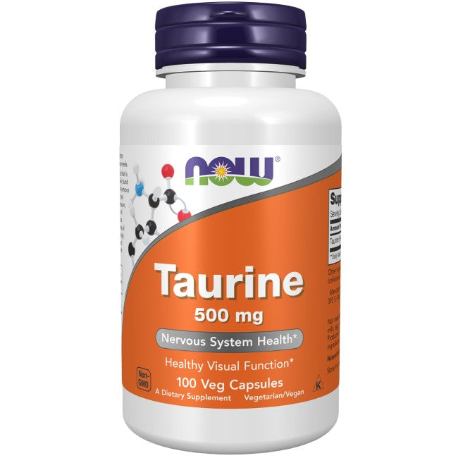 Now Foods Taurine 500 mg 100 Veg Capsules dietary supplement, marketed for heart health and healthy visual function.
