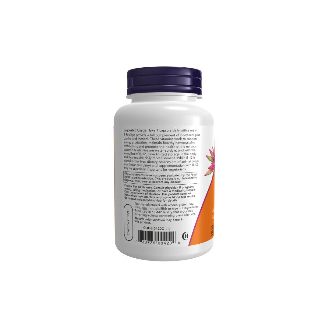 A Now Foods dietary supplement bottle containing Vitamin B-50 mg 100 Veg Capsules, with its label showing usage instructions and ingredients, rotated to reveal the text on a white background.