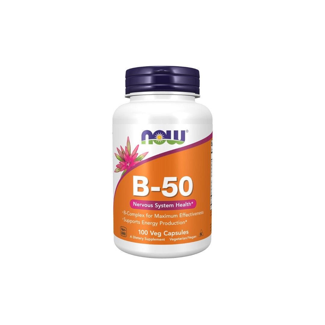 A bottle of Now Foods Vitamin B-50 mg 100 Veg Capsules with orange and white labeling, promoting nervous system support, containing 100 vegetarian capsules.