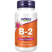 Thumbnail for White plastic bottle of Now Foods Vitamin B-2 riboflavin 100 mg dietary supplements with 100 veg capsules, labeled for energy production.