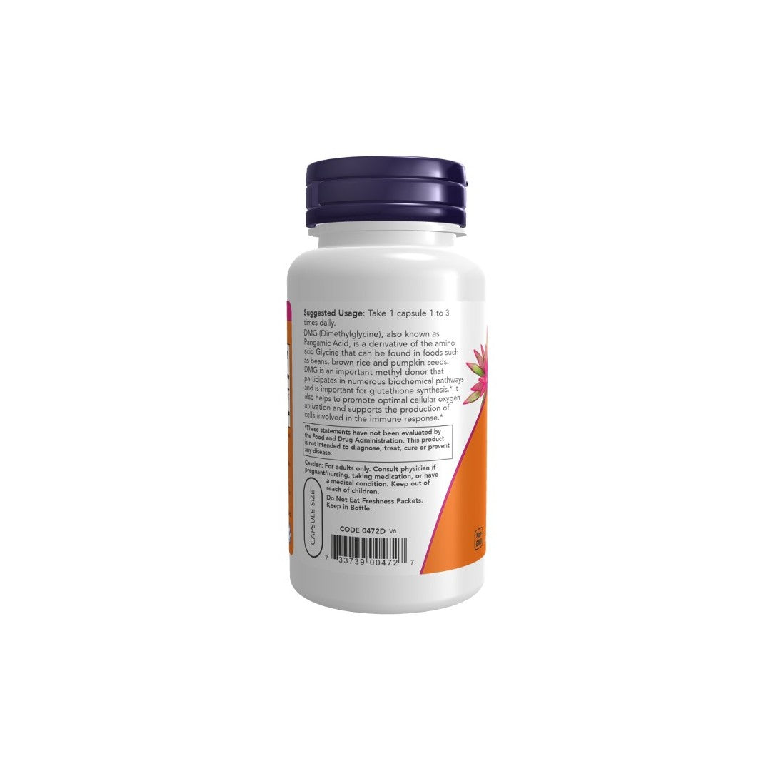 White Now Foods DMG 125 mg 100 Veg Capsules supplement bottle labeled for immune system support with orange design elements, isolated on a white background.