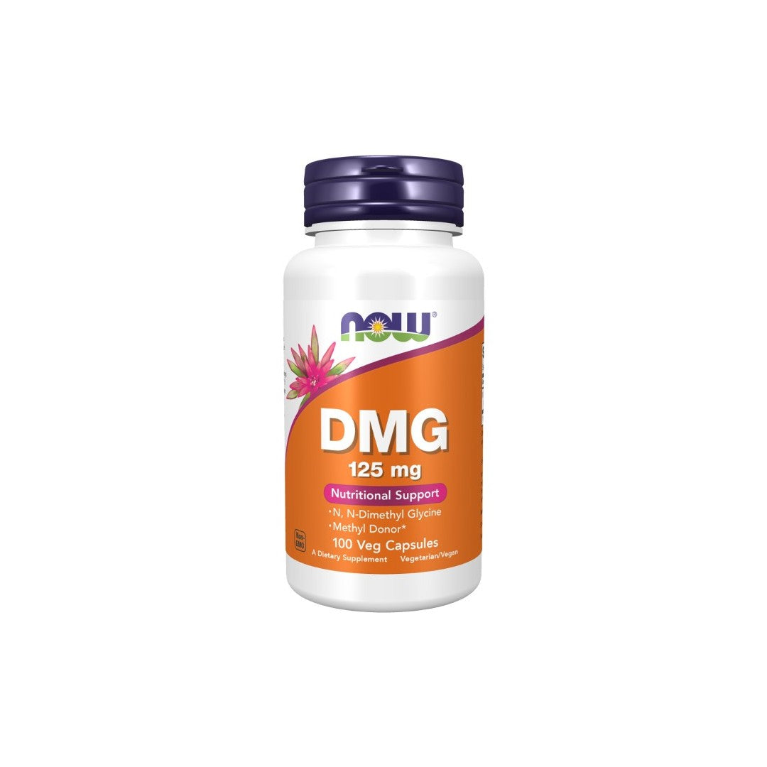 A bottle of Now Foods DMG 125 mg 100 Veg Capsules supplement, formulated for immune system support, featuring 100 veg capsules.