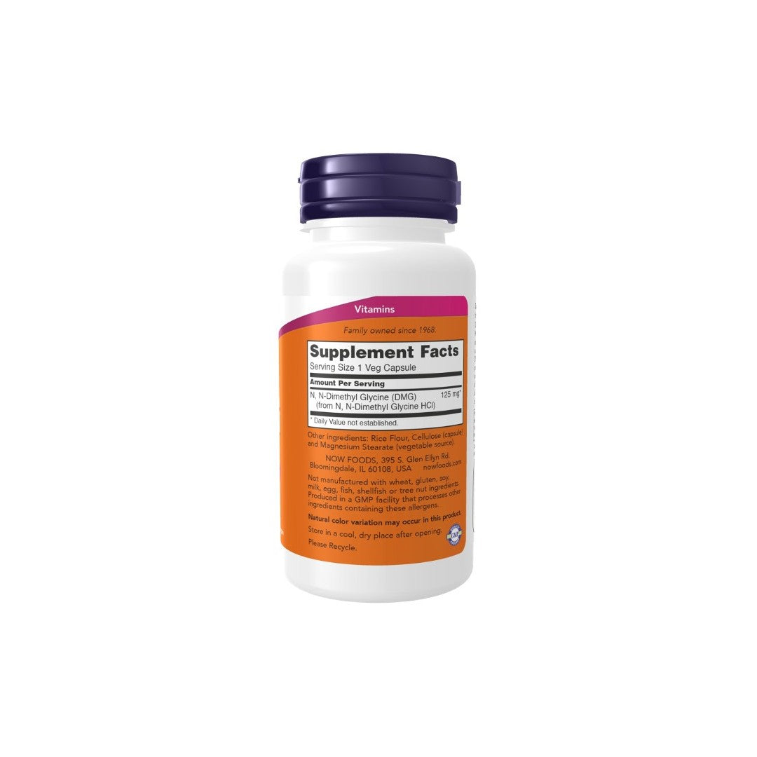 A Now Foods DMG 125 mg 100 Veg Capsules supplement bottle displaying nutritional information on a plain background.