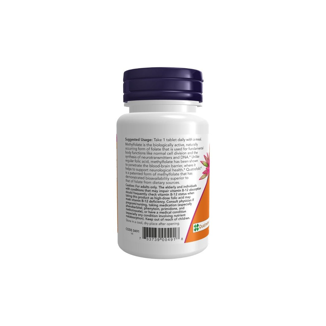White supplement bottle with purple cap, containing Now Foods Methyl Folate 1000 mcg 90 Tablets for pregnant women, showing label with dosage instructions and ingredients, against a white background.