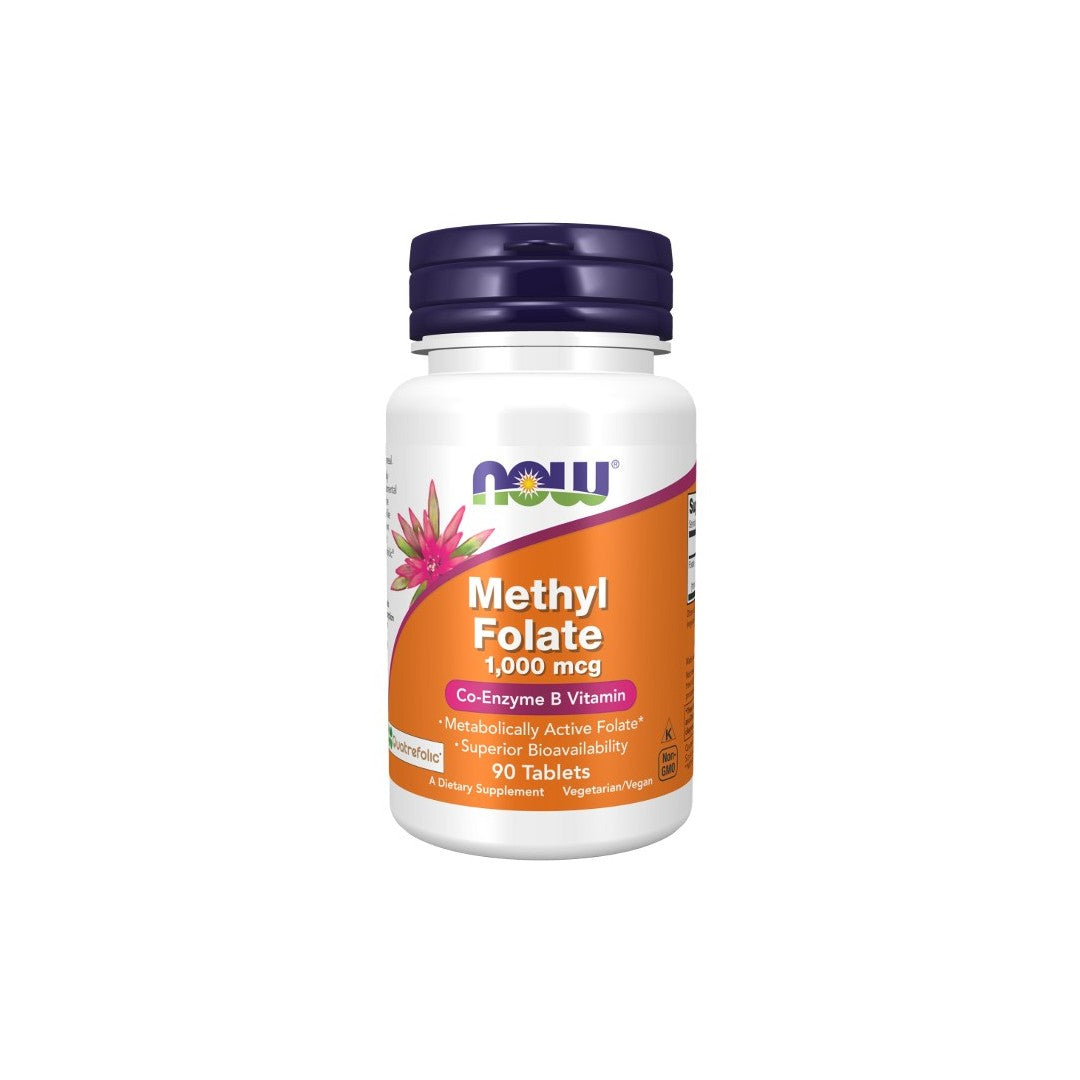 A bottle of Now Foods Methyl Folate 1000 mcg 90 Tablets supplement, branded as a co-enzyme B vitamin with superior bioavailability for pregnant women, in a white container with orange and purple label.