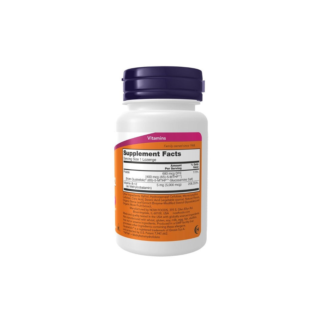 A white bottle from Now Foods containing 60 lozenges of Methyl B-12 5000 mcg, topped with a purple cap and featuring a label that details supplement facts and other nutritional information on the back. This vegan-friendly supplement includes Vitamin B-12 in the form of methylcobalamin for optimal absorption.