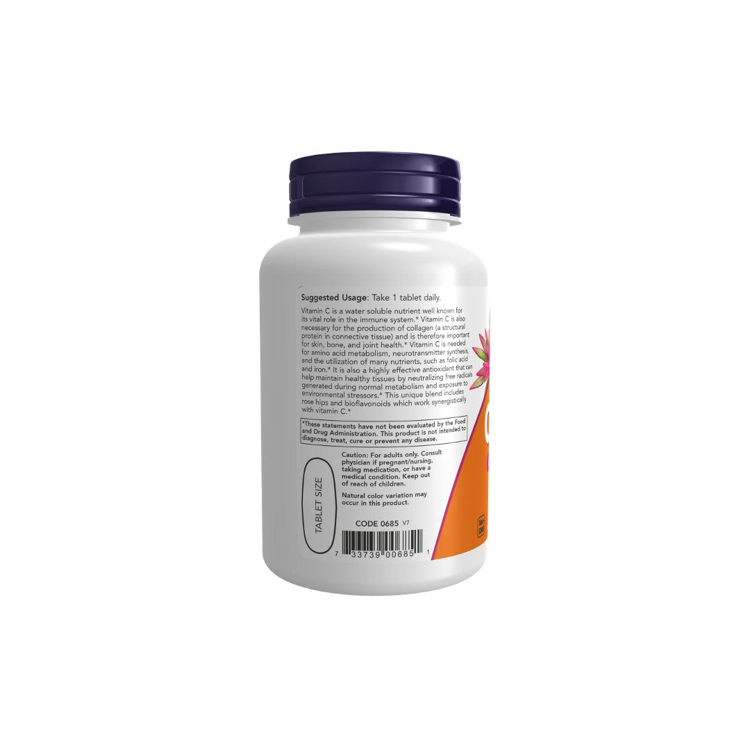 White supplement bottle with an orange label featuring Now Foods Vitamin C-1000 with Rose Hips 100 Tablets and nutritional information, with a purple cap, isolated on a white background.