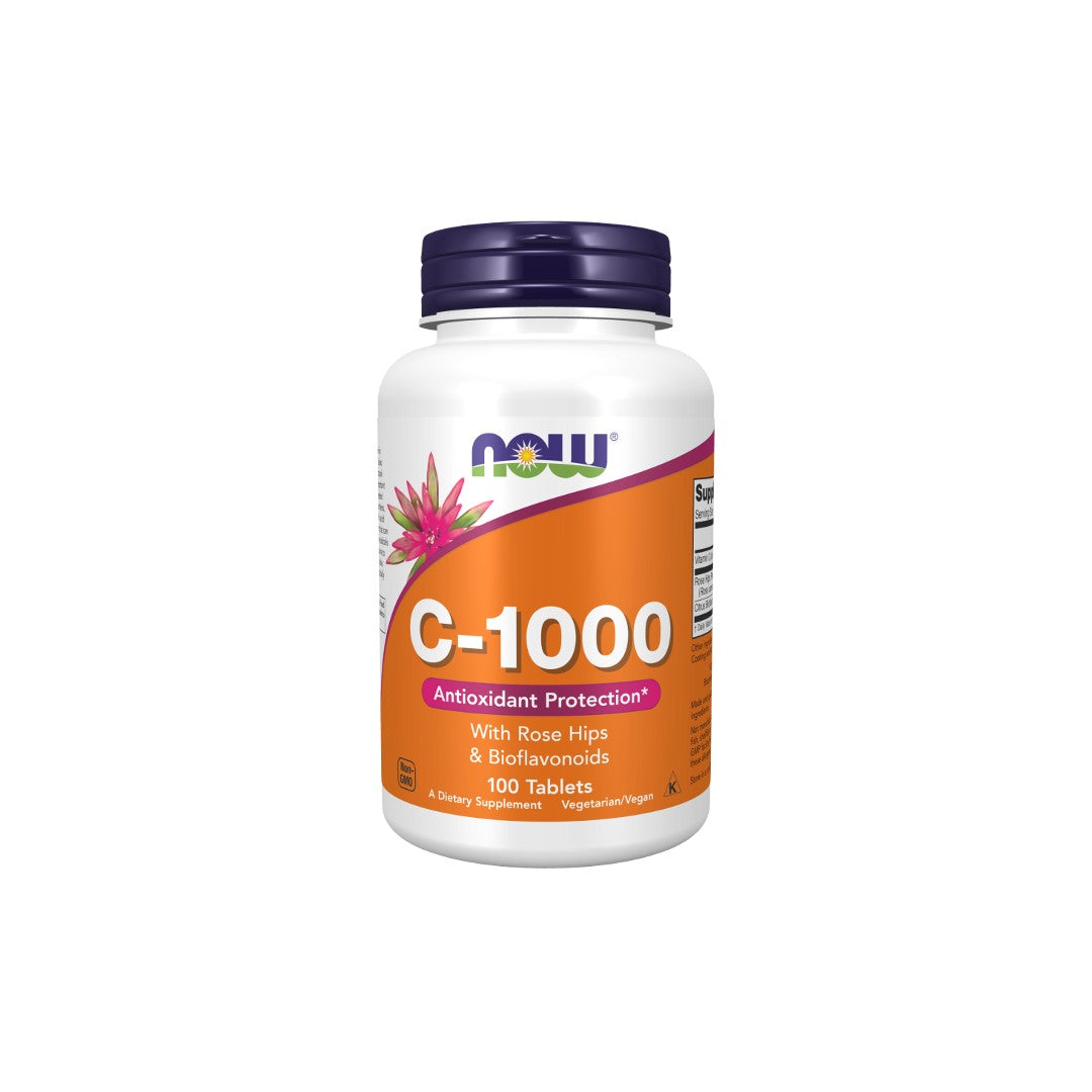 Bottle of Now Foods Vitamin C-1000 with Rose Hips 100 Tablets, formulated for skin health and immune support, containing 100 tablets, isolated on a white background.