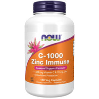 Thumbnail for A bottle of Now Foods brand C-1000 Zinc Immune 180 Veg Capsules dietary supplement. It contains 1000 mg of Vitamin C and 15 mg of Zinc Diglycinate, promoting seasonal immune support and antioxidant protection.