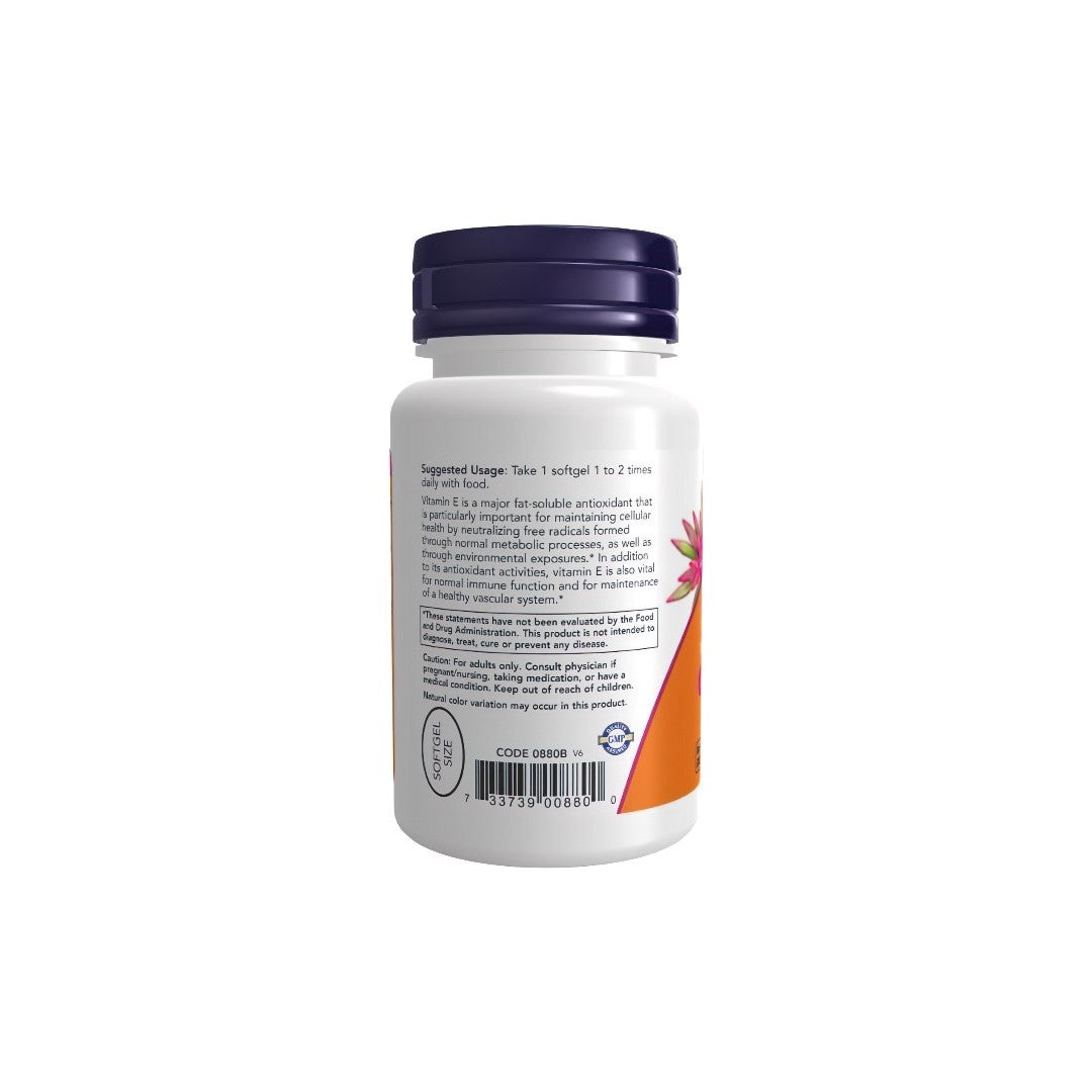 A bottle of Now Foods Vitamin E-200 With Mixed Tocopherols 100 Softgels with immune system support label information and a purple cap, isolated on a white background.