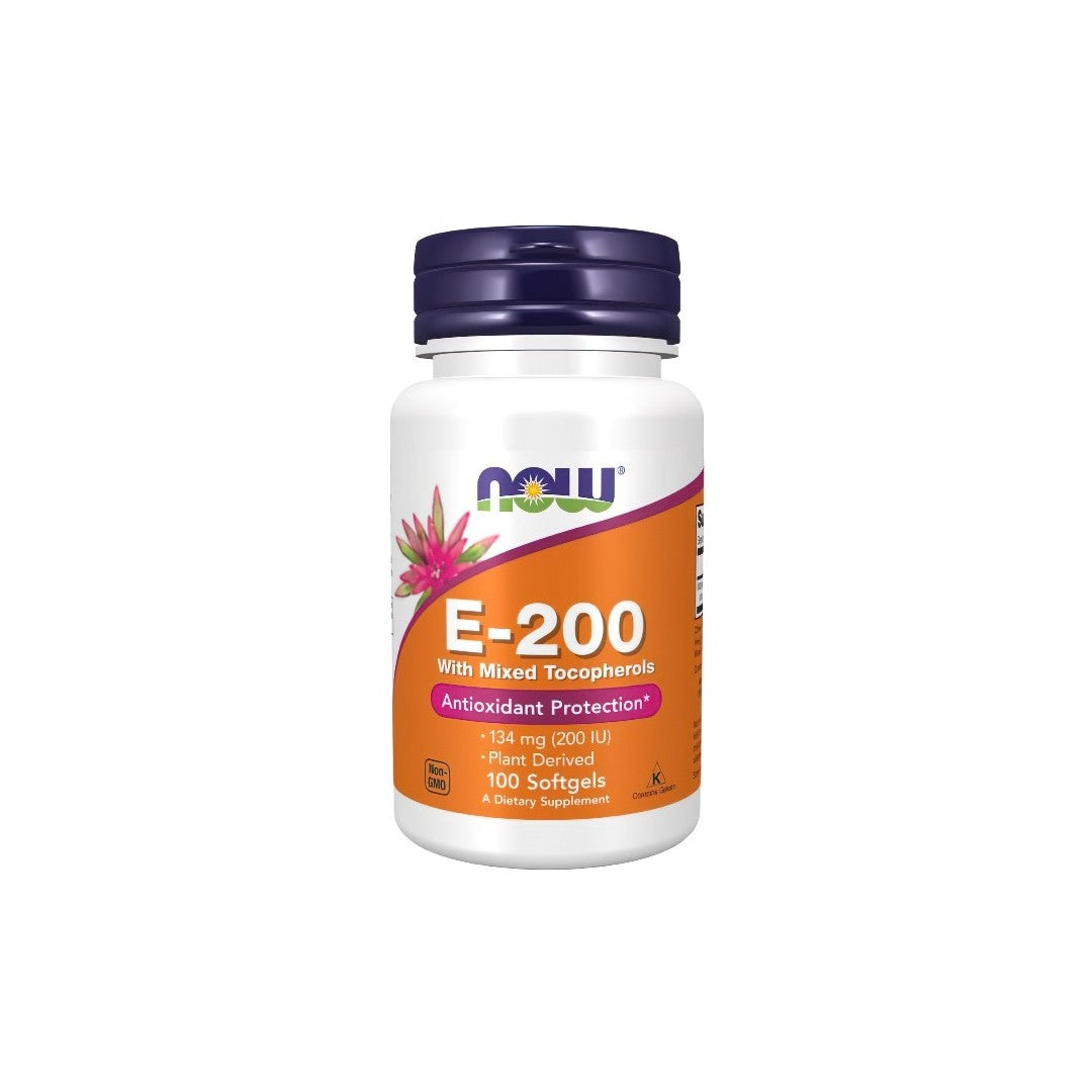 Bottle of Now Foods Vitamin E-200 With Mixed Tocopherols 100 Softgels dietary supplement for immune system support.