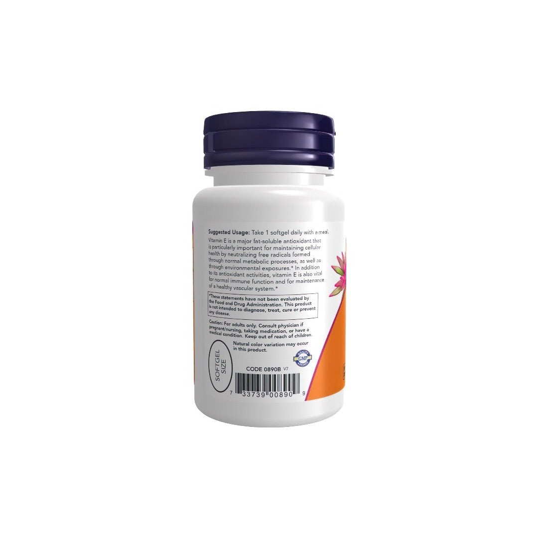 A white Now Foods supplement bottle with a purple lid featuring a label with usage instructions, Vitamin E-400 with Mixed Tocopherols, and a flower image.