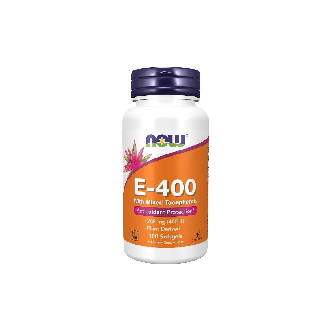 Bottle of Now Foods Vitamin E-400 dietary supplement with mixed tocopherols for antioxidant effects.