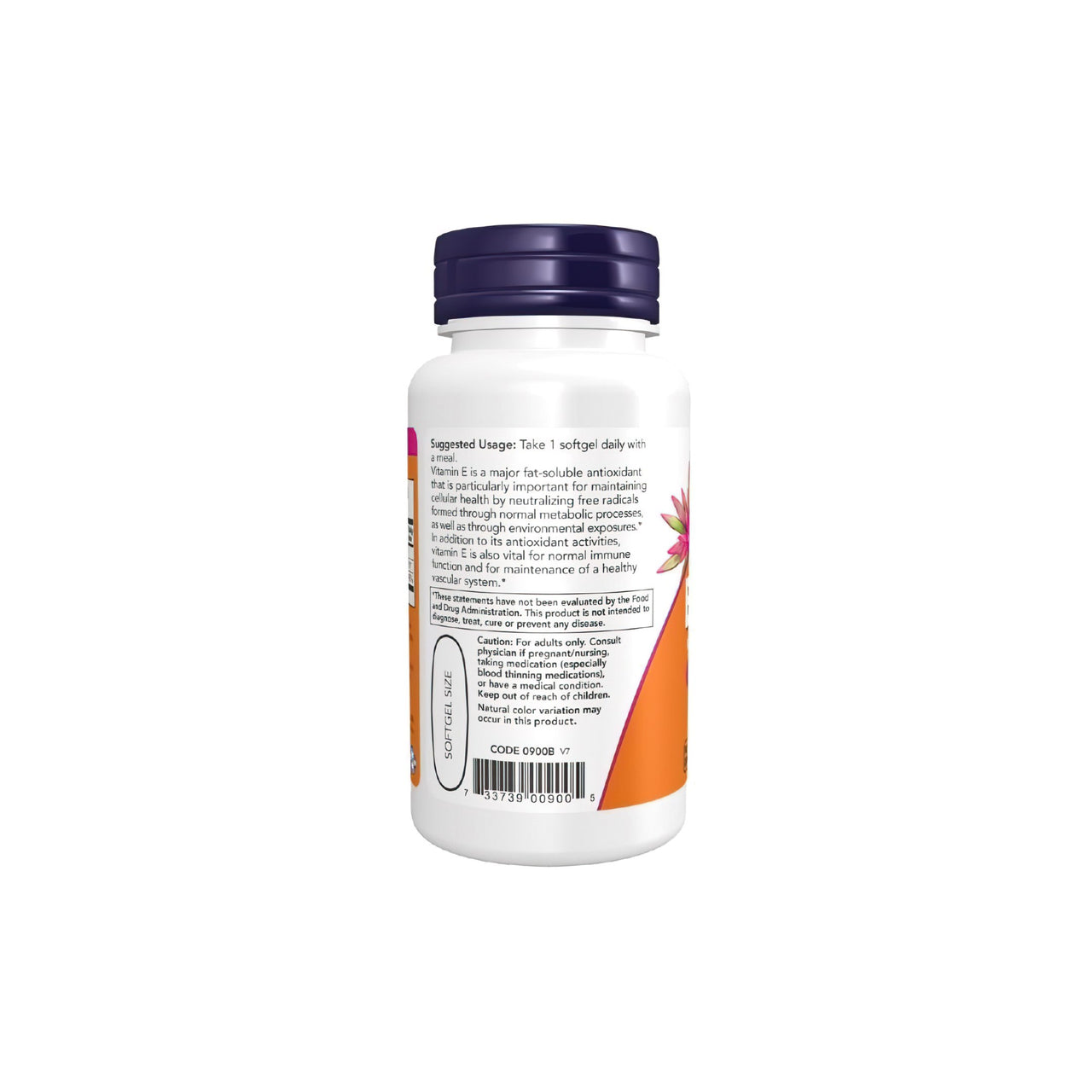 A bottle of Vitamin E-1000 Mixed Tocopherols 50 Softgels by Now Foods, a natural antioxidant, on a white background.