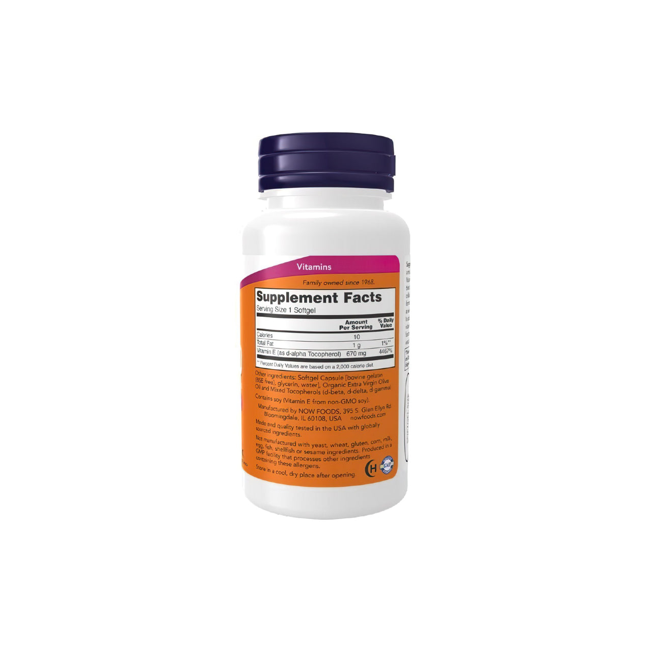 A bottle of Now Foods Vitamin E-1000 Mixed Tocopherols 50 Softgels on a white background.