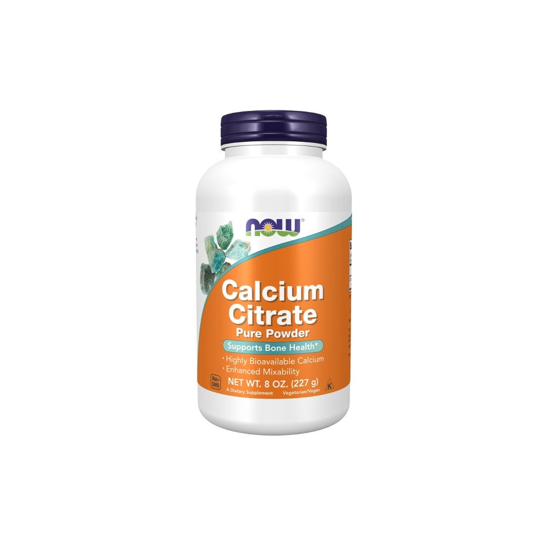 A plastic bottle of Now Foods Calcium Citrate Pure Powder 227 g, supporting both bone health and nervous system support, shown on a white background.