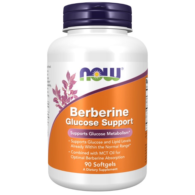 Sentence with replacement: Bottle of Now Foods Berberine Glucose Support 90 Softgels dietary supplements, with claims of supporting metabolic support.
