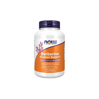 Thumbnail for A bottle of Now Foods Berberine Glucose Support 90 Softgels dietary supplement with details about metabolic health benefits and usage on the label.